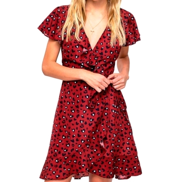 Leopard print red animal print wrap mini dress - Picture 1 of 7